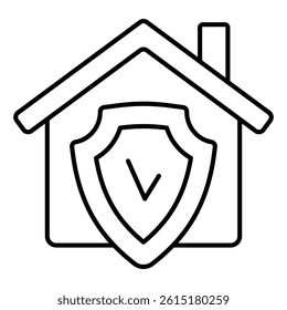 Home house with shield thin line icon,defense against viruses concept. Vector graphics. Checkmark emblem house sign on white background, linear style for mobile or design