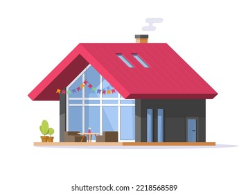 Home house small 3d isolated vector icon, modern bathhouse villa and veranda patio graphic cut out on white illustration, contemporary cottage, verandah terrace project design, residential property