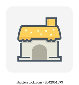 Home or house and snow vector icon design isolated on white background. May called cottage or cabin. Exterior of residential building in cold weather. Roof covered in snow at december or winter time.