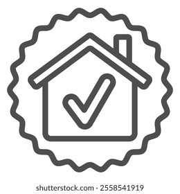 Home house sticker line icon, building construction concept. Vector graphics. House with checkmark, real estate sign on white background, outline style icon for mobile or web design