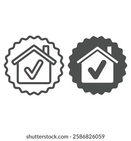 Home house sticker line and solid icon, building construction concept. Vector graphics. House with checkmark, real estate sign on white background, outline style icon for mobile or web design