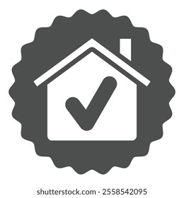 Home house sticker solid icon, building construction concept. Vector graphics. House with checkmark, real estate sign on white background, glyph style icon for mobile or web design