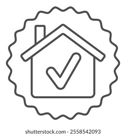 Home house sticker thin line icon, building construction concept. Vector graphics. House with checkmark, real estate sign on white background, outline style icon for mobile or web design