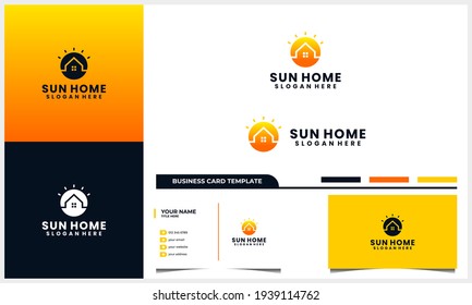 home or house with sun, sunrise, sunset logo design concept and business card template