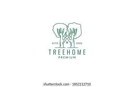 home house with tree forest line logo vector icon illustration design