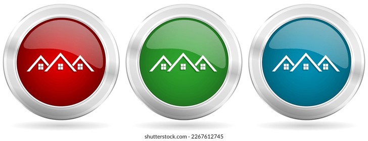 Home, house vector icon set. Red, blue and green silver metallic web buttons with chrome border