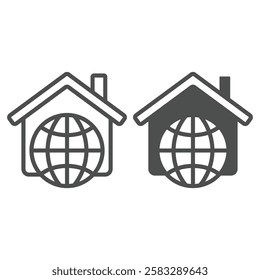 Home house with world globe line and solid icon, real estate woldwide concept. Vector graphics. Cottage building and planet sign on white background, outline style icon for mobile or web design