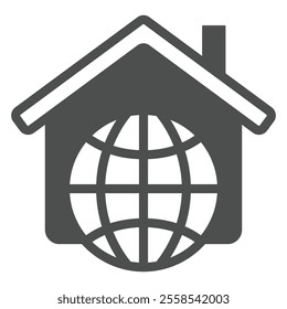 Home house with world globe solid icon, real estate woldwide concept. Vector graphics. Cottage building and planet sign on white background, glyph style icon for mobile or web design