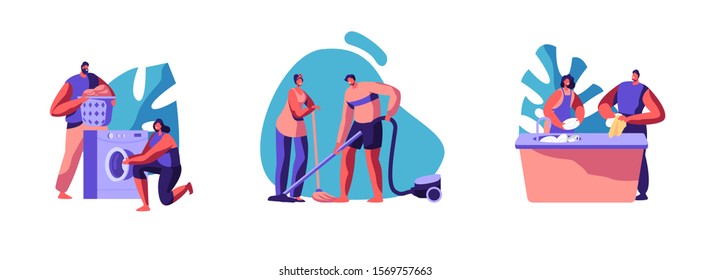 Home Household Activities Set. Family Couple Vacuuming Floor, Laundering Clothes in Washing Machine and Wash Dishes on Kitchen. Domestic Work Every Day Routine Chores. Cartoon Flat Vector Illustration