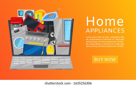 Home and household appliances and electronics vector web banner template. Illustration of coffee machine, refrigerator, microwave to online order via computer. Home appliances. Kitchen equipment.