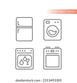 Home, household appliances, oven, stove and washing machine icons. Fridge, dishwasher line vector icon set.