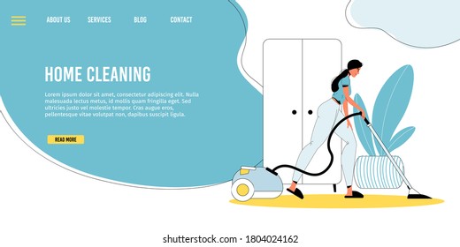 Home Household cleaning activity. Young woman vacuuming floor using professional equipment, doing housework. Housekeeping duty or domestic chore. Daily life routine. Landing page design template