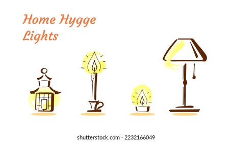 Home hygge, cosy interior objects, lights for relax mood. Hand-drawn brush doodles of lantern, tealight, candle, lamp