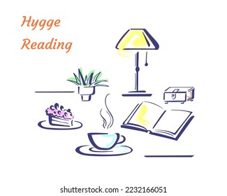 Home hygge, cozy interior objects, relax mood. Hand-drawn brush doodles - lamp and book, casket, potted plant, tea or coffee and pie or cake