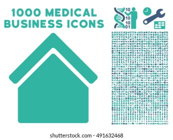 Home icon with 1000 medical commercial cobalt and cyan vector pictograms. Set style is flat bicolor symbols, white background.