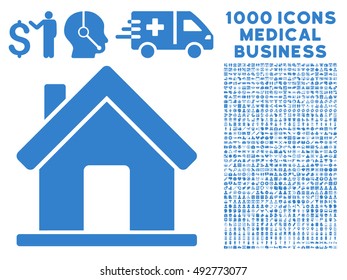 Home icon with 1000 medical commercial cobalt vector pictographs. Collection style is flat symbols, white background.