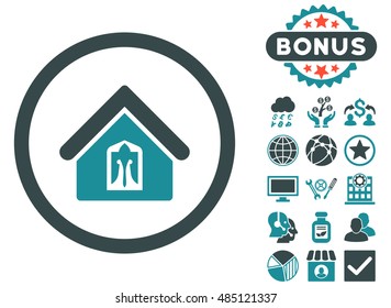 Home icon with bonus design elements. Vector illustration style is flat iconic bicolor symbols, soft blue colors, white background.