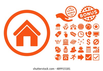 Home icon with bonus design elements. Vector illustration style is flat iconic symbols, orange color, white background.