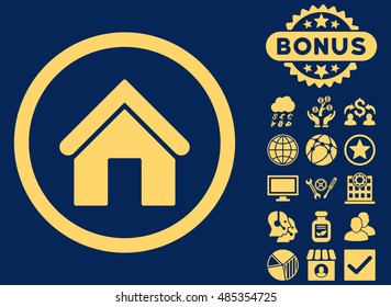 Home icon with bonus images. Vector illustration style is flat iconic symbols, yellow color, blue background.