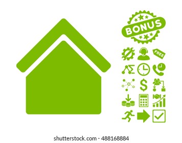 Home icon with bonus images. Vector illustration style is flat iconic symbols, eco green color, white background.