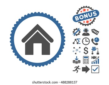 Home icon with bonus images. Vector illustration style is flat iconic bicolor symbols, cobalt and gray colors, white background.