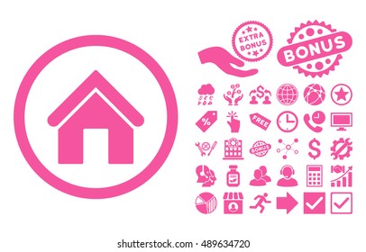 Home icon with bonus pictogram. Vector illustration style is flat iconic symbols, pink color, white background.