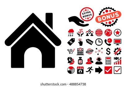 Home icon with bonus pictograph collection. Vector illustration style is flat iconic bicolor symbols, intensive red and black colors, white background.