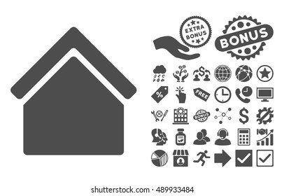 Home icon with bonus pictures. Vector illustration style is flat iconic symbols, gray color, white background.