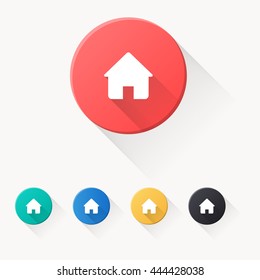 home icon or button in flat style with long shadow, isolated vector illustration on transparent background
