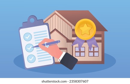 Icono del hogar y lista de verificación El concepto de examinar o pesar un argumento.sobre fondo azul.Ilustración de diseño del vector.
