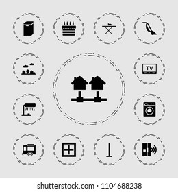 Home icon. collection of 13 home filled icons such as mop, vacuum cleaner, table lamp, trailer, city landscape, washing machine, tv. editable home icons for web and mobile.