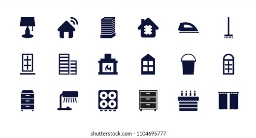Home icon. collection of 18 home filled icons such as business center building, window, bucket, broom, table lamp, nightstand. editable home icons for web and mobile.