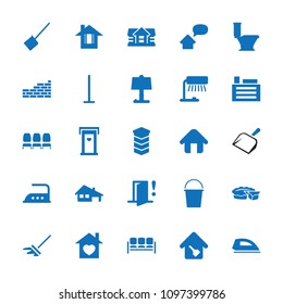 Home icon. collection of 25 home filled icons such as door with heart, house, mop, dustpan, toilet, iron, table lamp, house building. editable home icons for web and mobile.