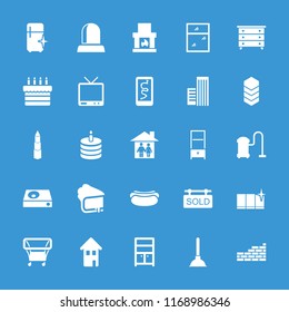 Home icon. collection of 25 home filled icons such as nightstand, wardrobe, fireplace, tv, dvd player, sold tag, building, brick wall. editable home icons for web and mobile.