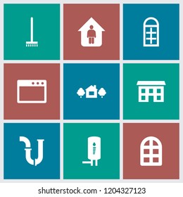 Home icon. collection of 9 home filled icons such as window, browser window, geyser, house, house and tree, pipe. editable home icons for web and mobile.