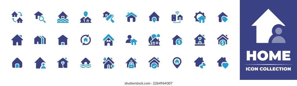 Home icon collection. Duotone color. Vector illustration. Containing exchange, inspection, flooded house, location, renovation, home, address, home automation, management, house for sale, houses, dog.