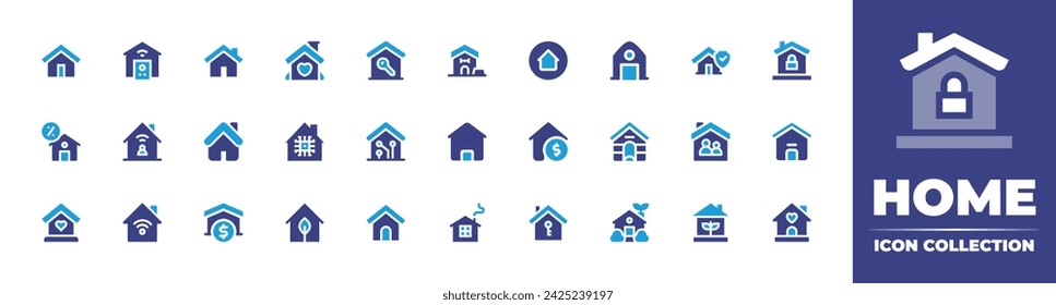 Colección de iconos de inicio. Color duotono. Ilustración vectorial y transparente. Conteniendo casa, casa inteligente, valor de la casa, bienes raíces, casa, alojamiento, llave, seguro, pago a plazos, familia.