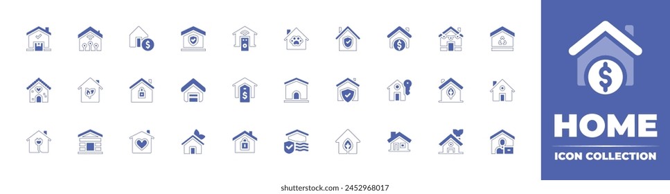 Home icon collection. Duotone style line stroke and bold. Vector illustration. Containing house, protection, smart home, buy, gingerbread house, green house, eco house, home, lock. 