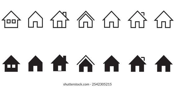 Coleção de ícones da página inicial. Sinal plano de imóveis. Símbolo de casa simples. Casa, Tecnologia, Smartphone, Wireless. Ícone de vetor profissional.  Pictograma da página principal preenchido, linha fina, contorno editável Stoke. 