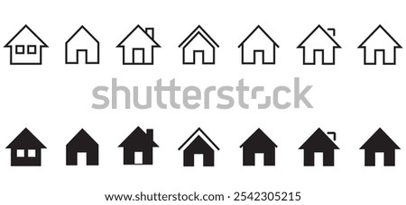 Home icon collection. Flat real estate sign. Simple house symbol. House, Technology, Smartphone, Wireless. Professional vector icon.  Main page pictogram in filled, thin line, outline editable Stoke. 