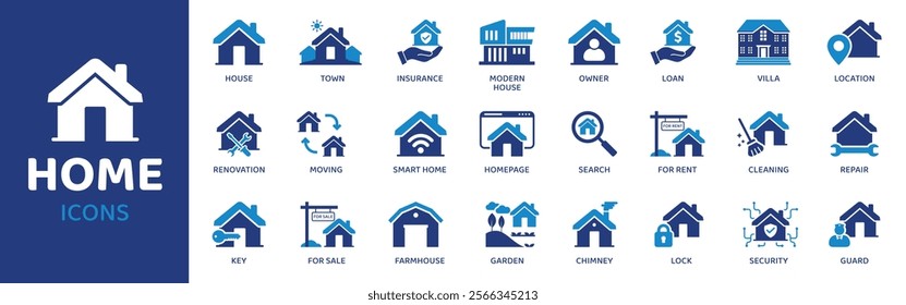 Home - Icon Collection. Thin Line Set contains such Icons as House, Insurance, Owner, Town, Smart Home and more. Simple web icons set.