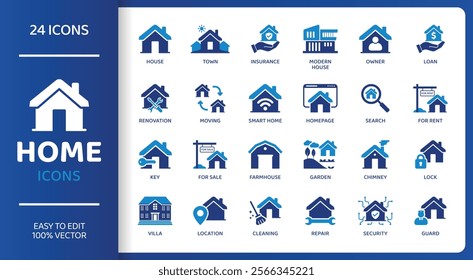 Home - Icon Collection. Thin Line Set contains such Icons as House, Insurance, Owner, Town, Smart Home and more. Simple web icons set.