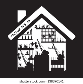 Home icon construction worker silhouette at work, Vector illustration template design