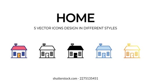 Home Icon Design in Fünf-Stil mit Editable Stroke. Linie, feste, flache Linie, Duo Tone Farbe und Farbverlauf Linie. Geeignet für Webpage, Mobile App, UI, UX und GUI Design.