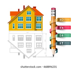 Home icon and drawing with a pencil. Vector infographics for real estate and construction