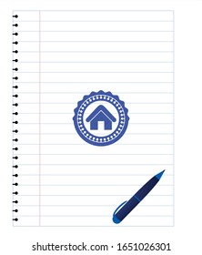 home icon drawn with pen strokes. Blue ink. Vector Illustration. Detailed.