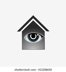 the home icon with the eye in the middle, the supervision of the house, black and blue colors, vector