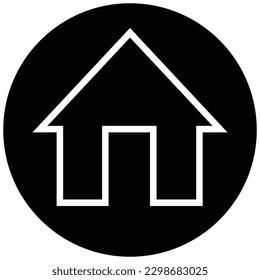 Home icon, flat style white color outline trendy house in black circle symbol, illustration for web, app, mobile, real estate, game, logo, UI, button, main page design isolated on white background.