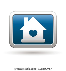 Home icon with heart on the blue with silver rectangular button. Vector illustration