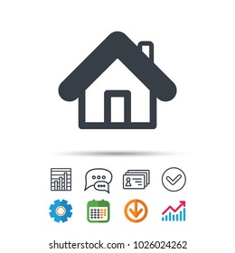 Home icon. House building symbol. Real estate construction. Statistics chart, chat speech bubble and contacts signs. Check web icon. Vector